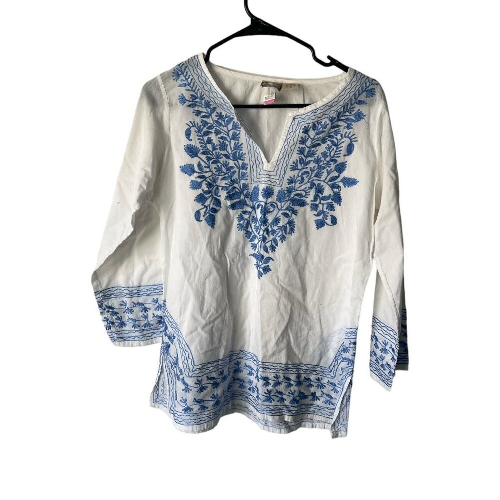Kushi White & Blue Floral Embroidered Tunic Top Blouse Boho Hippie Small